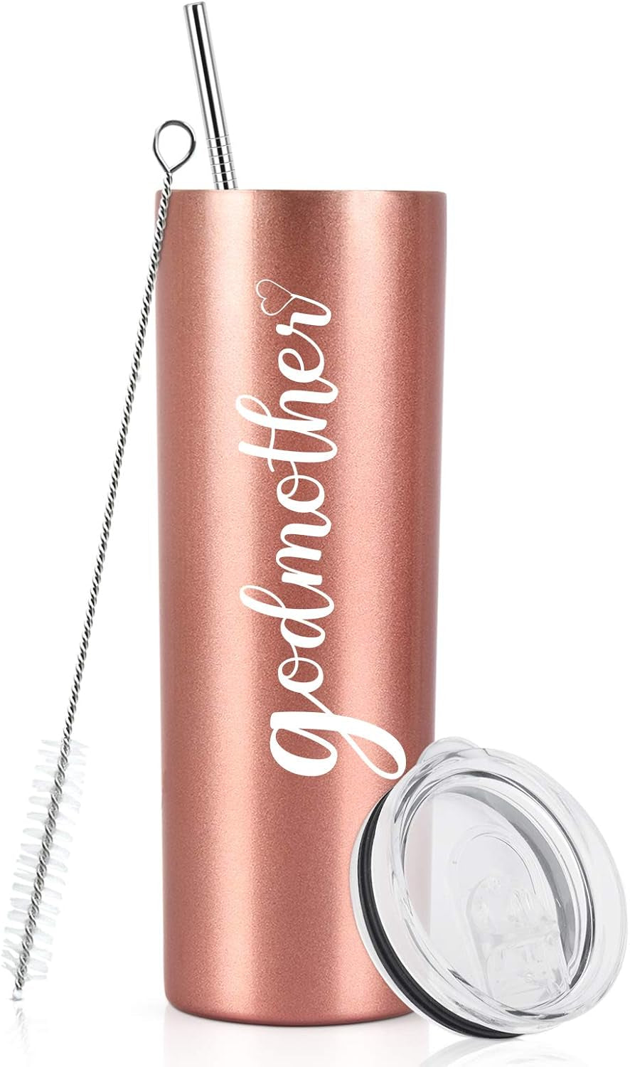Godmother Stainless Steel Skinny Tumbler, Mother'S Day Insulated Travel Tumbler, 20Oz Water Tumbler with Lid and Straw, Godmother Gift for Mother'S Day, Birthday, Christmas, Baptism, Rose Gold