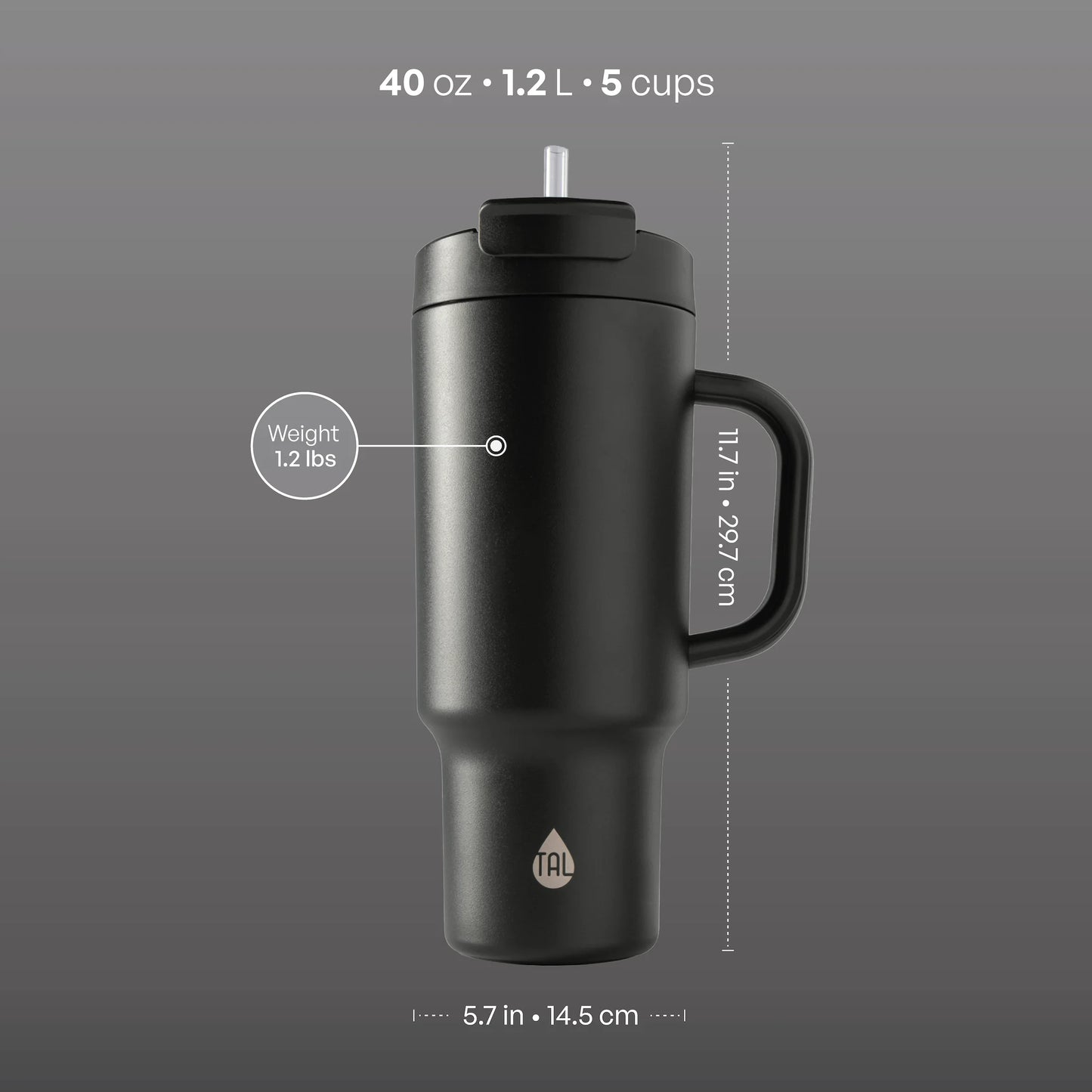 40Oz Stainless Steel Hudson Tumbler with Straw, Black