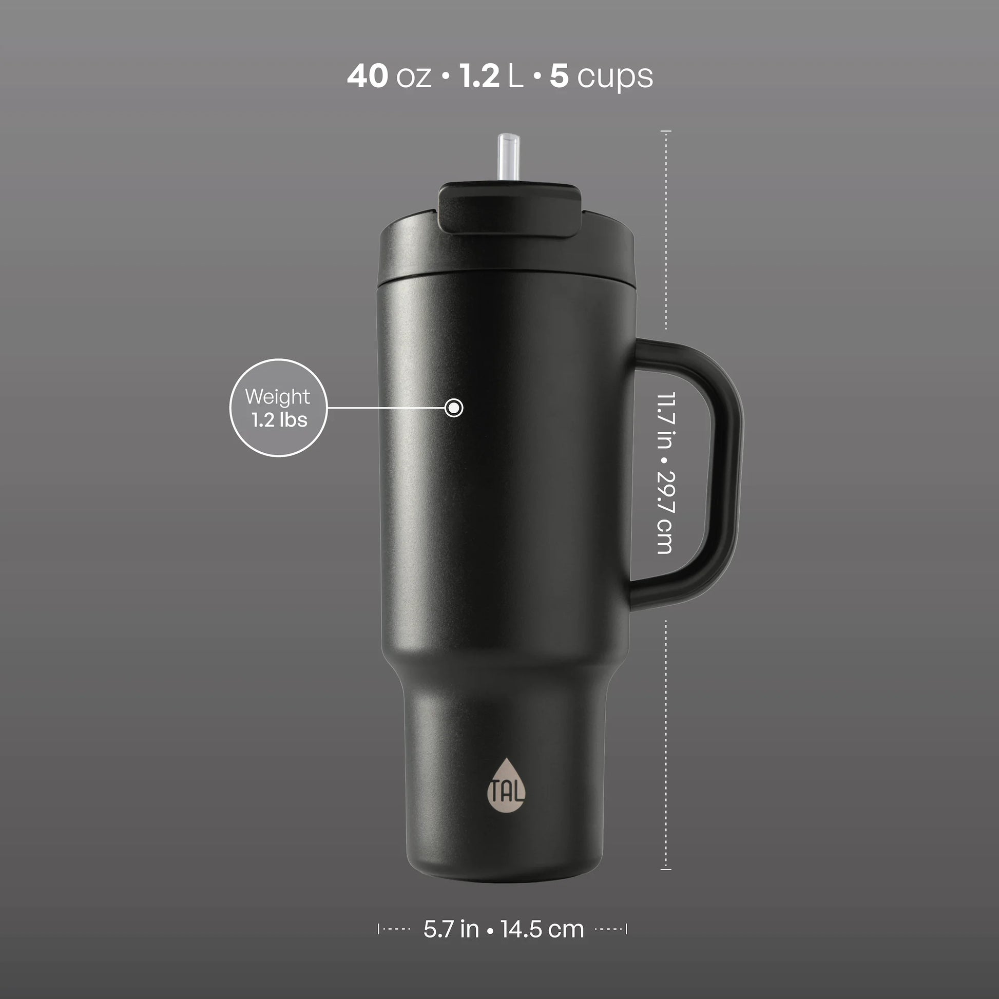 40Oz Stainless Steel Hudson Tumbler with Straw, Black