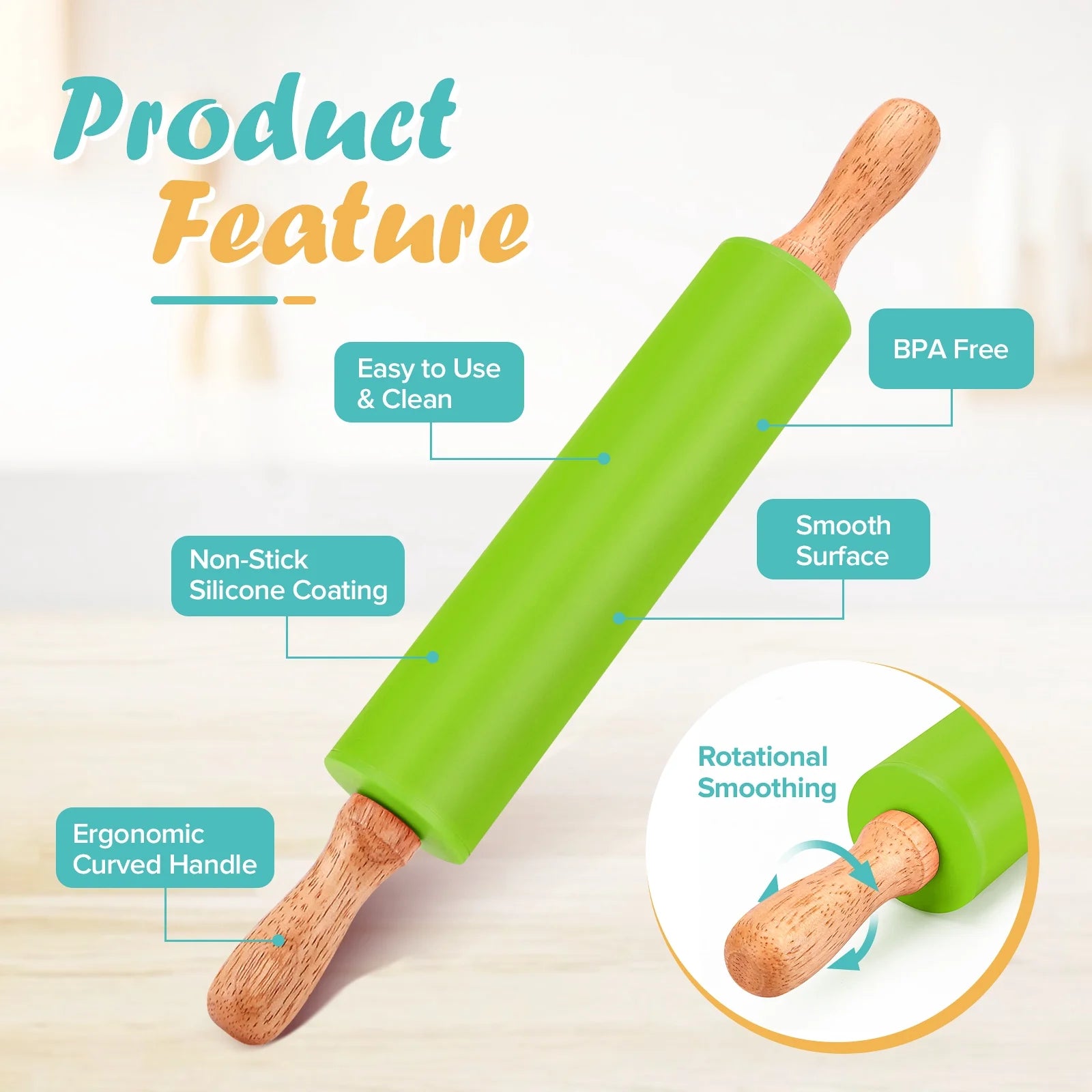 Badiano 2 Pcs 9" 12" Non-Stick Wooden Handle Silicone Rolling Pin Sets for Dough Pizza Pastry, Green