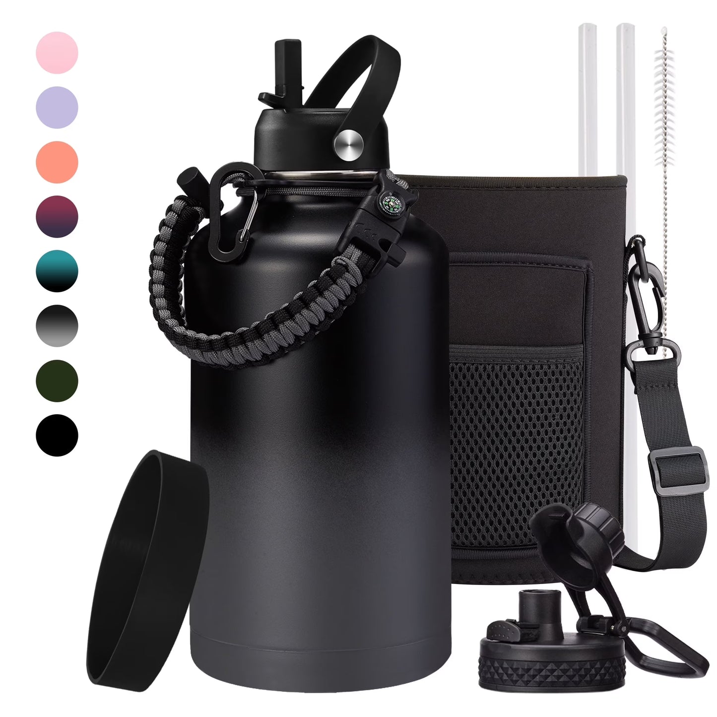 64Oz Stainless Steel Water Bottle - Insulated Water Bottle with Straw & Pop up Lid, 1/2 Gallon Water Jug with Carrier Bag, Paracord Handle, Leak Proof
