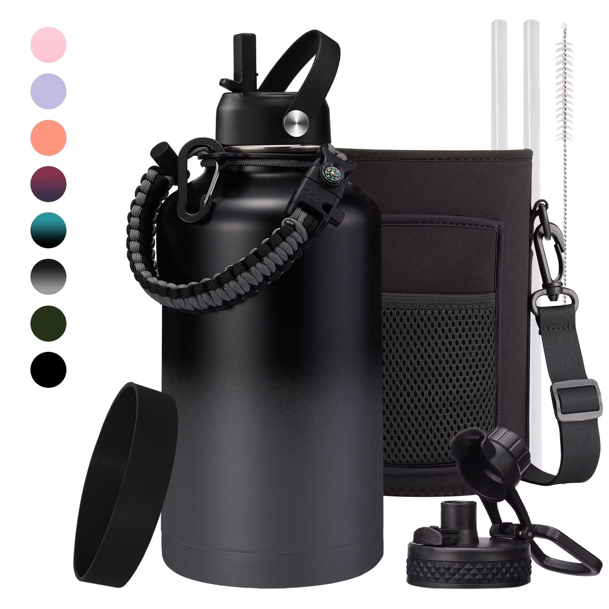 64Oz Stainless Steel Water Bottle - Insulated Water Bottle with Straw & Pop up Lid, 1/2 Gallon Water Jug with Carrier Bag, Paracord Handle, Leak Proof
