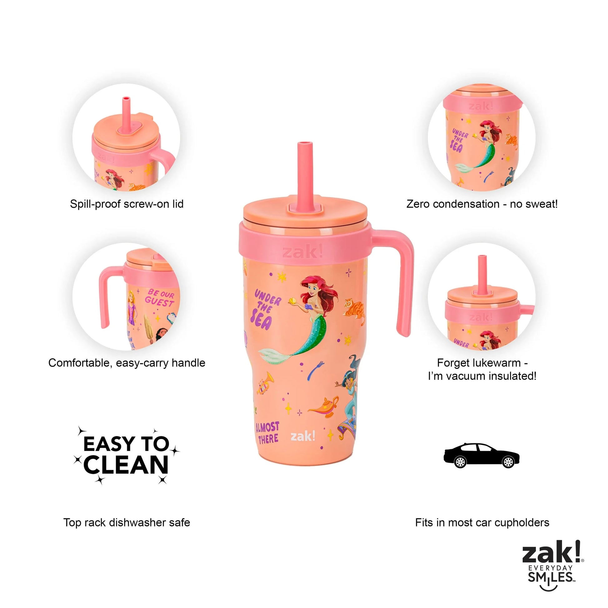 18Oz Princess Kids Straw Handle Tumbler, Stainless Steel Vacuum Insulated Cruiser Tumbler with Silicone Straw Utilizing Leak-Proof Valve, Travel Straw Tumbler with Handle