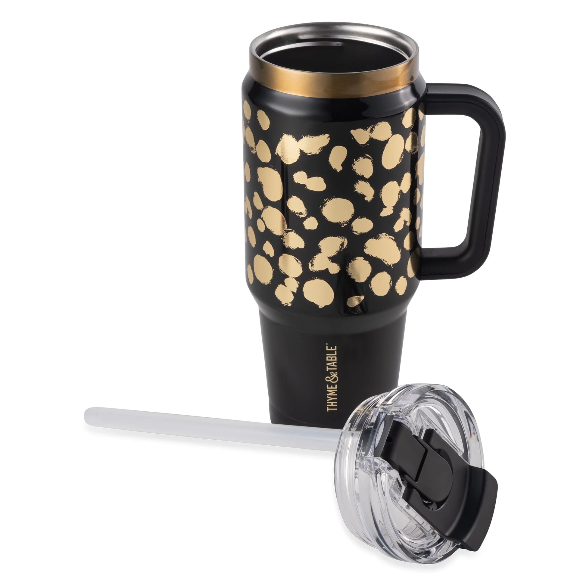 32 Fl Oz Stainless Steel Luna Tumbler with Handle and Dual Straw Lid, Black & Gold Dot