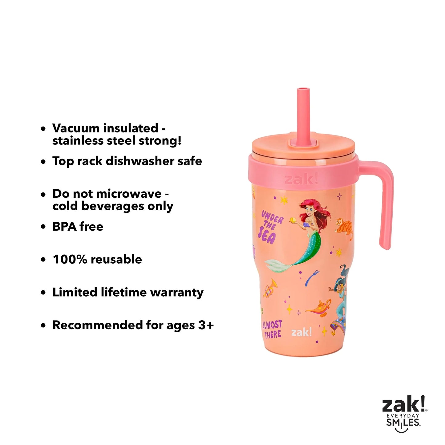 18Oz Princess Kids Straw Handle Tumbler, Stainless Steel Vacuum Insulated Cruiser Tumbler with Silicone Straw Utilizing Leak-Proof Valve, Travel Straw Tumbler with Handle