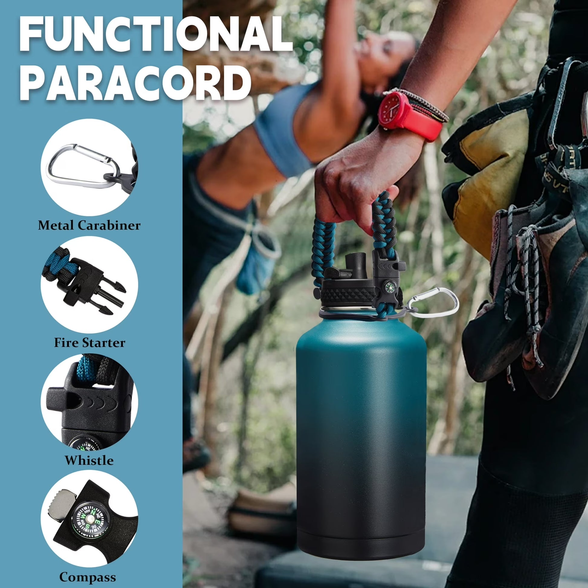 64Oz Insulated Water Bottle with Straw - Spout Lid, Carrying Sleeve, Paracord Handle, Double Wall Half Gallon Stainless Steel Water Bottles Keep Cold-48H & Hot-24H, 1/2 Gallon Water Jug, Metal Flask