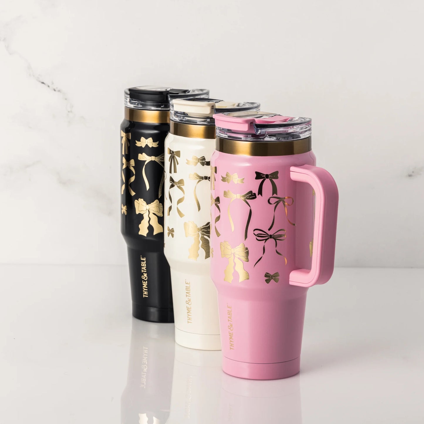 32 Fl Oz Stainless Steel Luna Tumbler with Handle and Dual Straw Lid, Black & Gold Bows