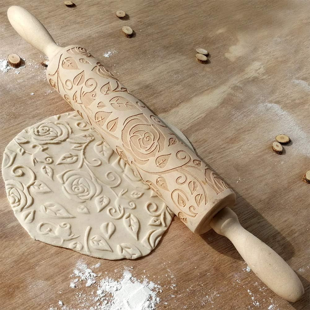 Wooden Rolling Pin, Rose Flower Embossed Engraved Carved Rolling Pin, Valenti...