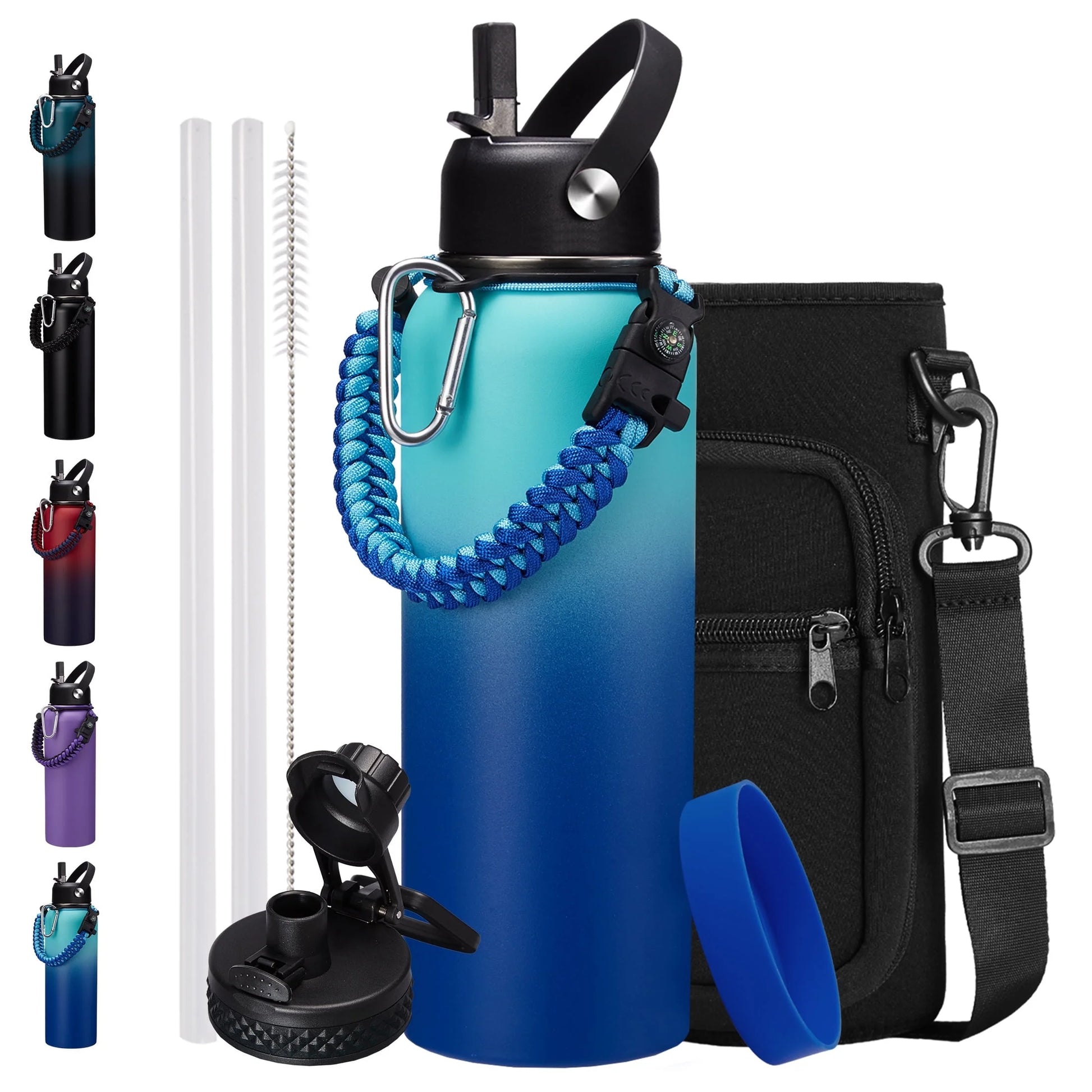 40 Oz Water Bottle Insulated - Wide Mouth Stainless Steel Water Bottles with Straw, Spout Lid, Paracord Handle, Carrier Bag, Protective Boot, Coldest Metal Water Jug Keep Cold 48H Hot 24H