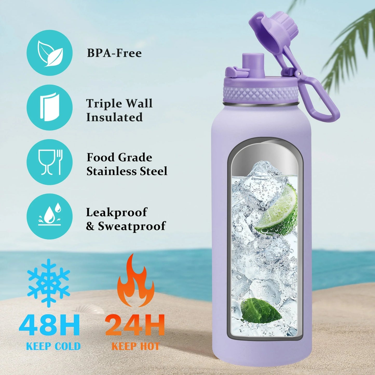 64Oz Stainless Steel Water Bottle - Insulated Water Bottle with Straw & Pop up Lid, 1/2 Gallon Water Jug with Carrier Bag, Paracord Handle, Leak Proof