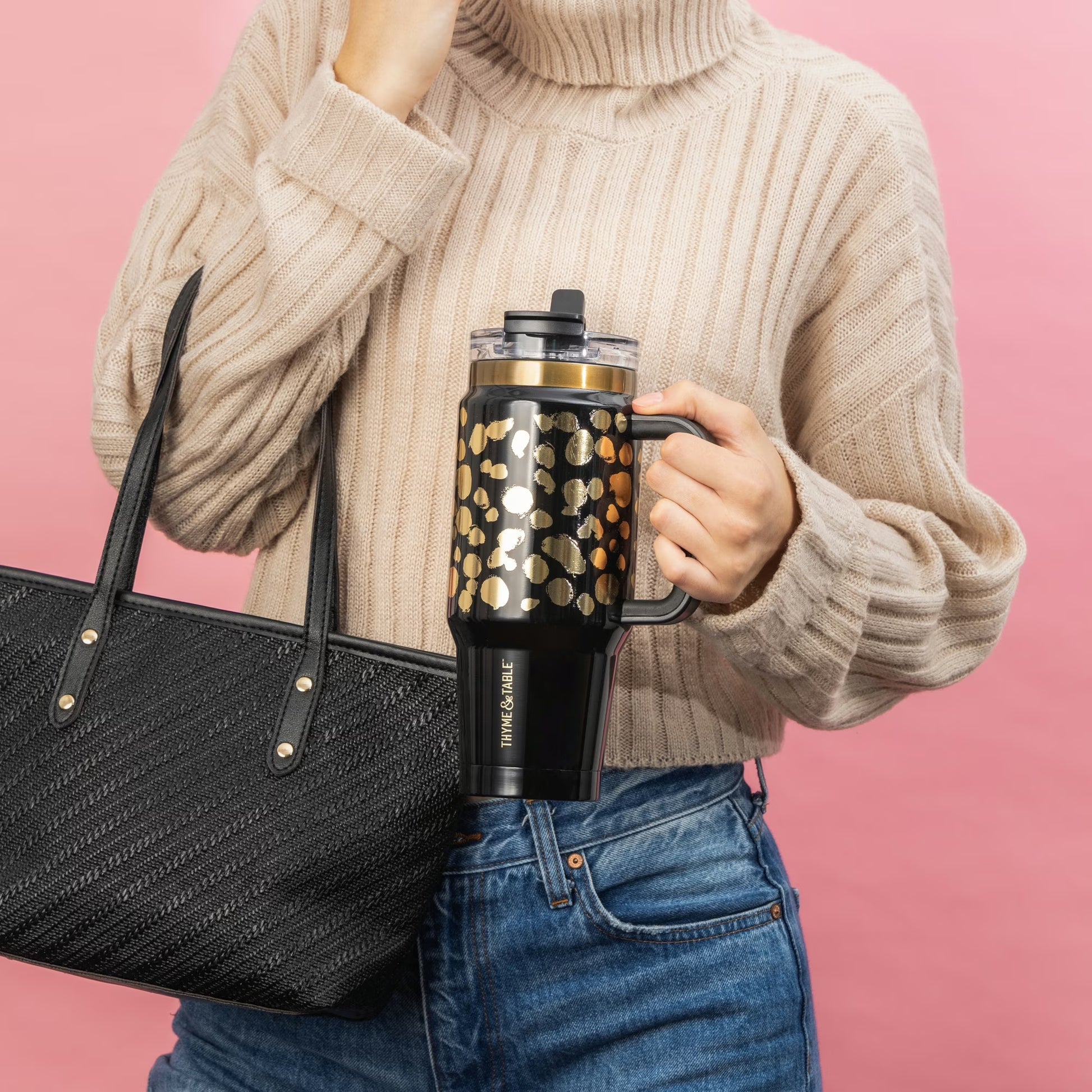 32 Fl Oz Stainless Steel Luna Tumbler with Handle and Dual Straw Lid, Black & Gold Dot