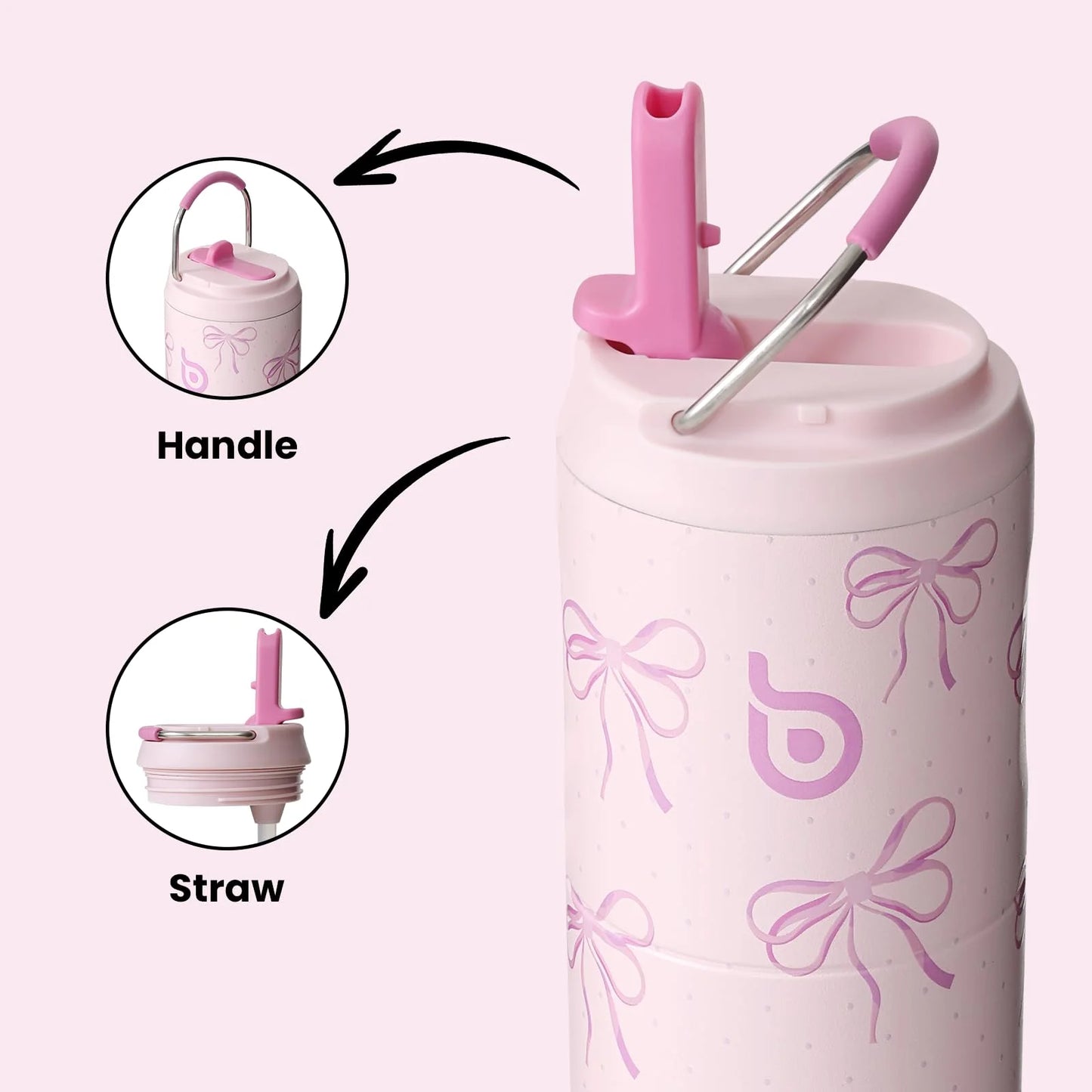 Insulated Water Bottle 24Oz with Straw Lid and Handle for Sports Travel Gym Stainless Steel Water Bottles Double-Wall Vacuum Metal Leak Proof Bpa-Free (Pink Bow)