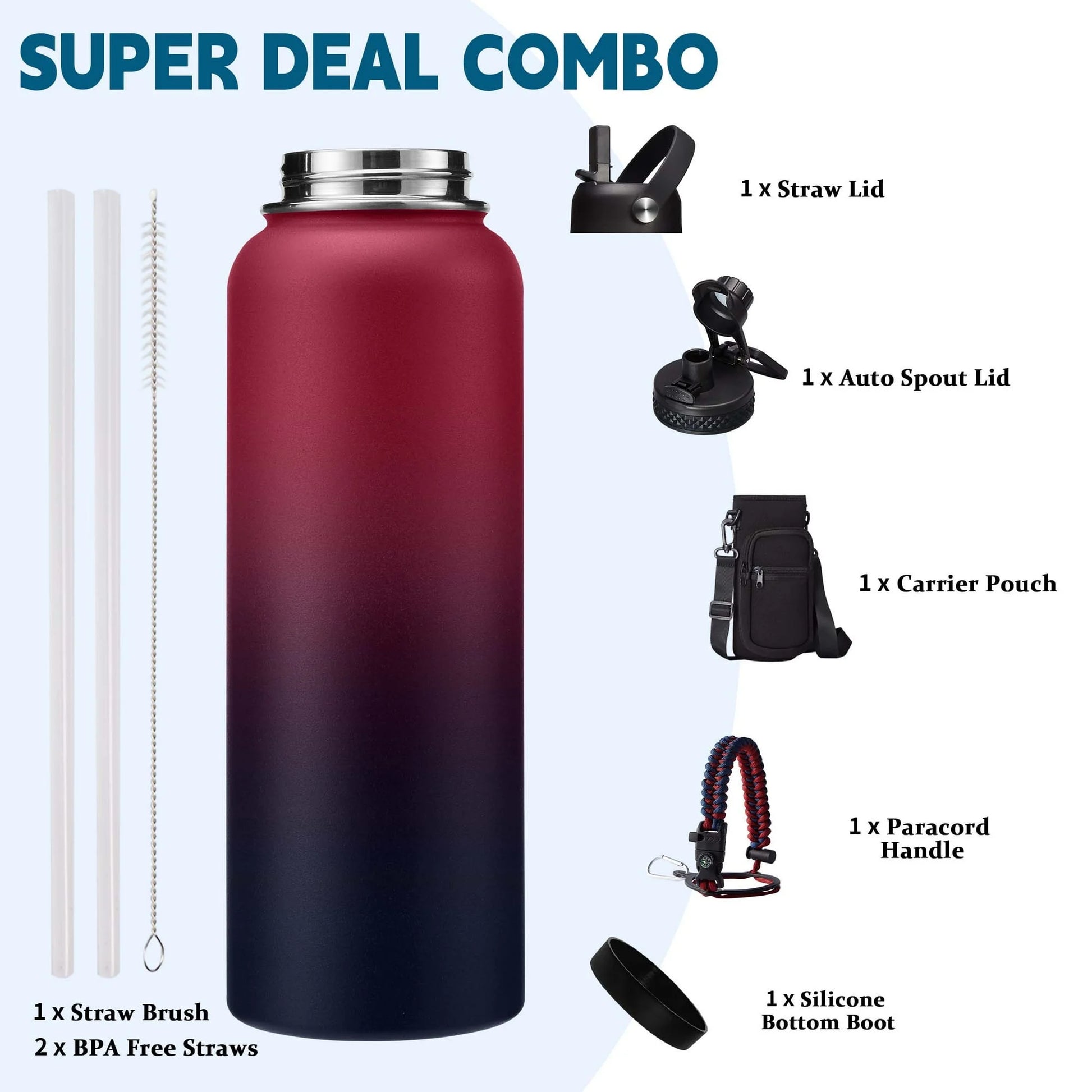 Stainless Steel Sports Water Bottle 40 Oz Insulated Water Jug with Straw & Auto Spout Lid, Paracord Handle, Bottle Sleeve, Cold 48H Hot 24H, Sweat-Proof Tactical Flask