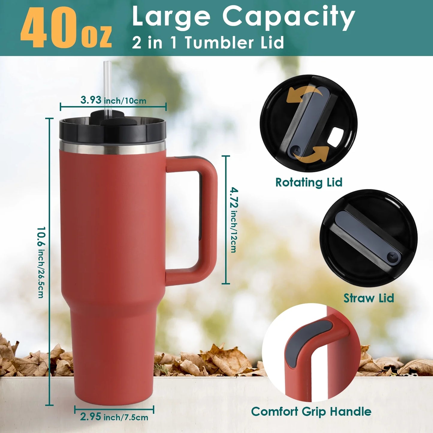 40 Oz Tumbler with Handle and Straw, Travel Mug for Car, 2-In-1 Lid Stainless Steel Tumblers