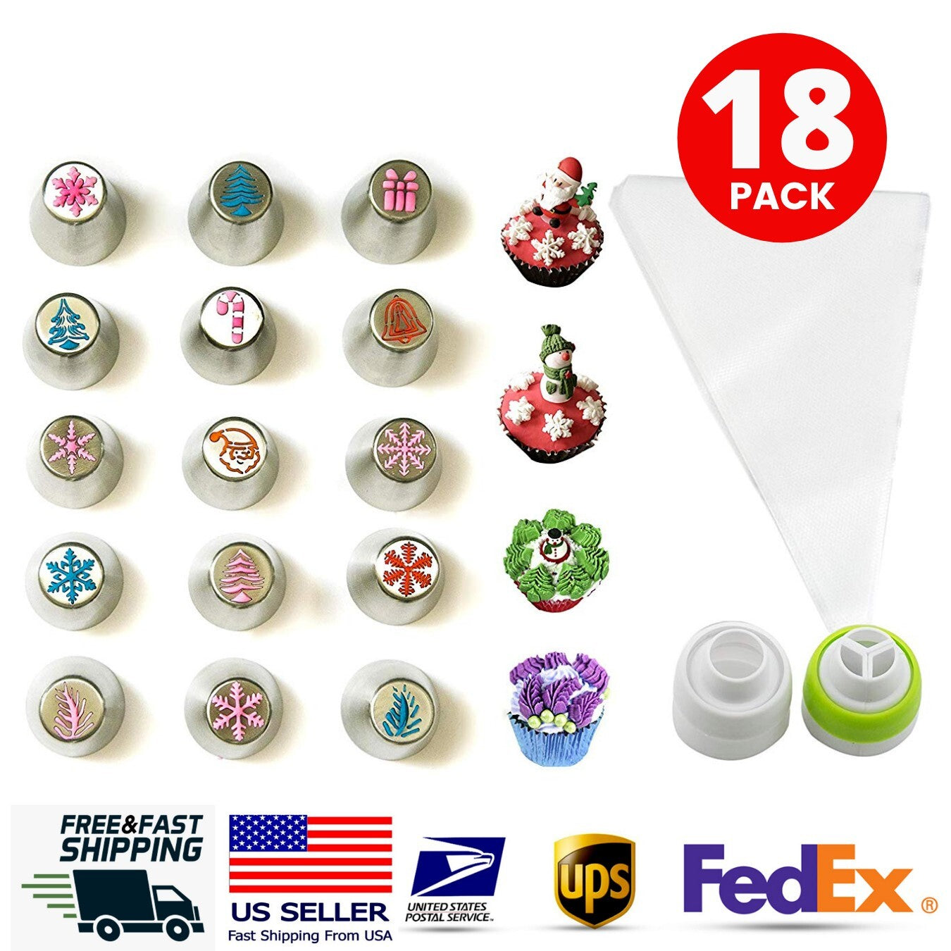 18PACK Russian Icing Piping Tips Christmas Nozzles Pastry Bag & Coupler Set