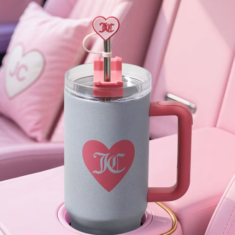 Jetsetter 40 Oz. Glitter Silver Stainless Steel Tumbler with Handle and Straw with Topper