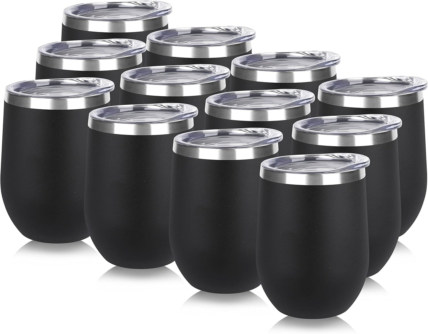 Stainless Steel Wine Tumbler Bulk with Lid, Personalized Insulated Tumblers Set, 12Oz Travel Coffee Cups Pack of 12, Black