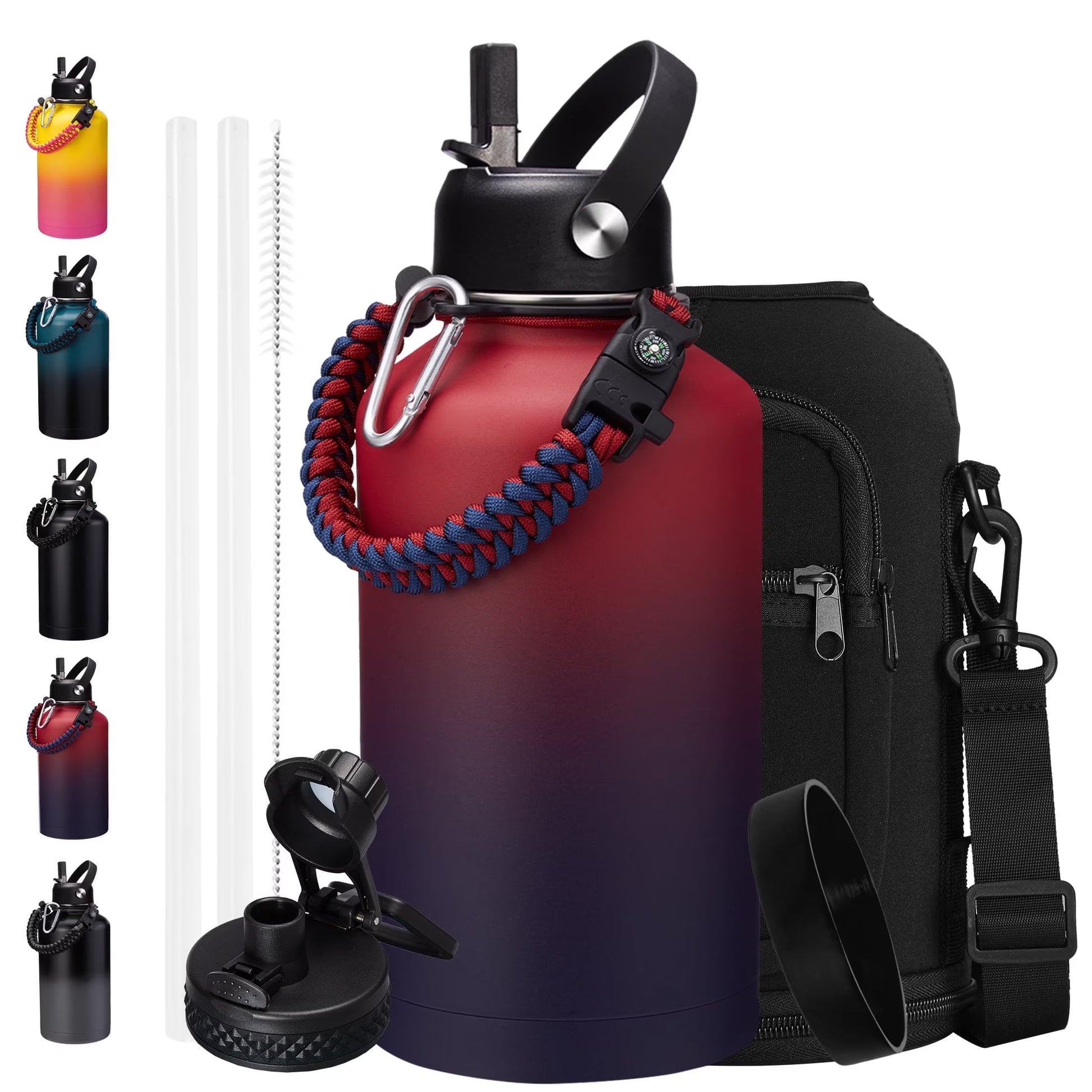 64Oz Stainless Steel Water Bottles - Vacuum Insulated Water Bottle with Straw & Spout Lids, Half Gallon Water Jug with Carrier Bag, Paracord Handle, Leak Proof Metal Water Flask for Sports Gym Travel