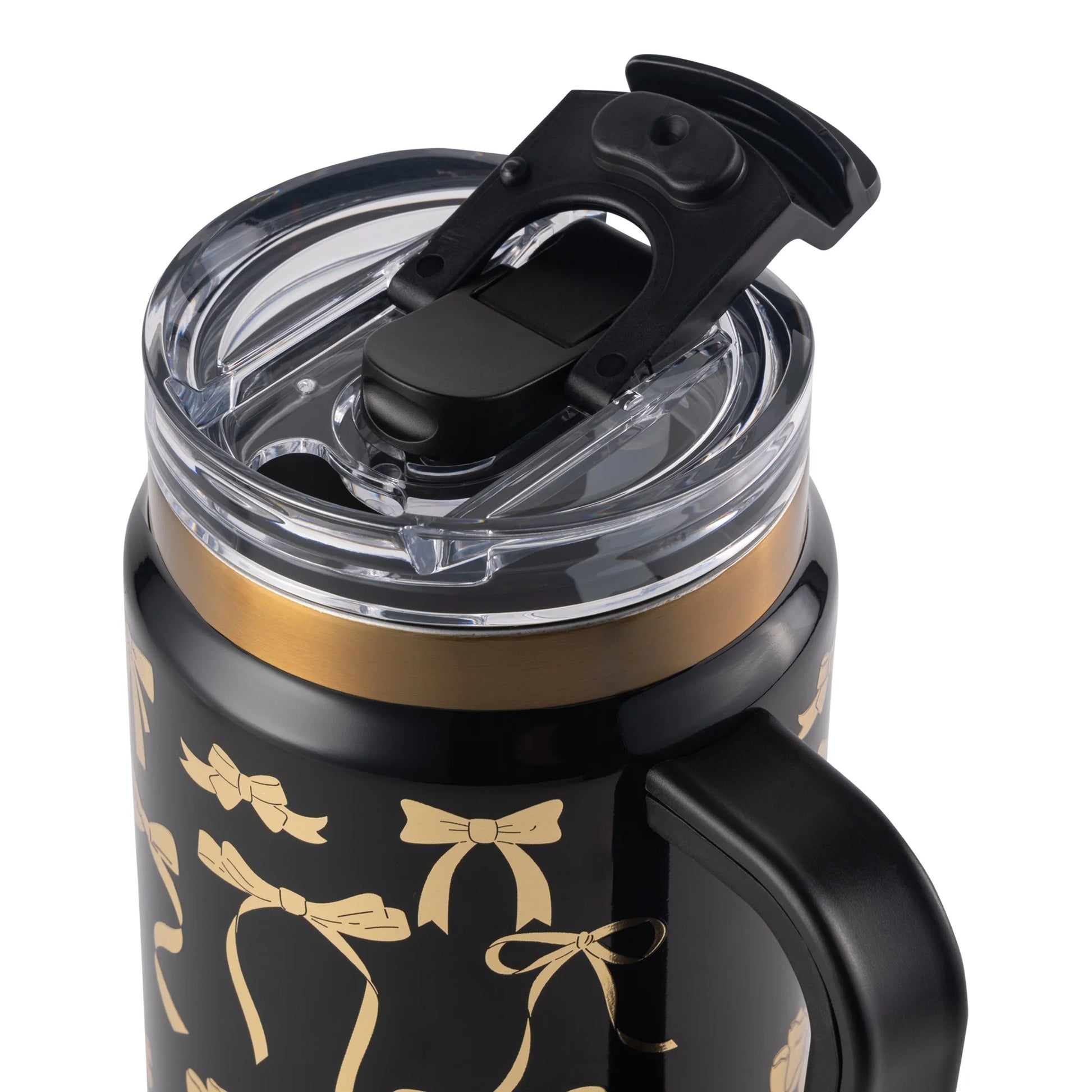 32 Fl Oz Stainless Steel Luna Tumbler with Handle and Dual Straw Lid, Black & Gold Bows
