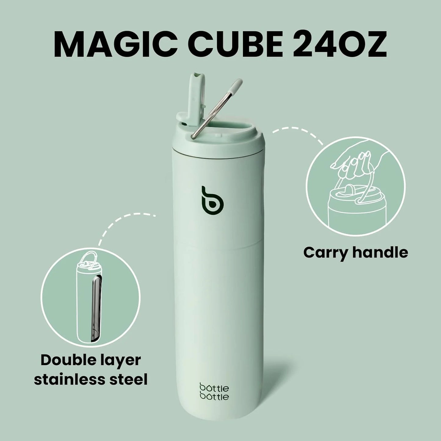 Insulated Water Bottle 24Oz with Straw Lid and Handle for Sports Travel Gym Stainless Steel Water Bottles Double-Wall Vacuum Metal Leak Proof Bpa-Free Light Green