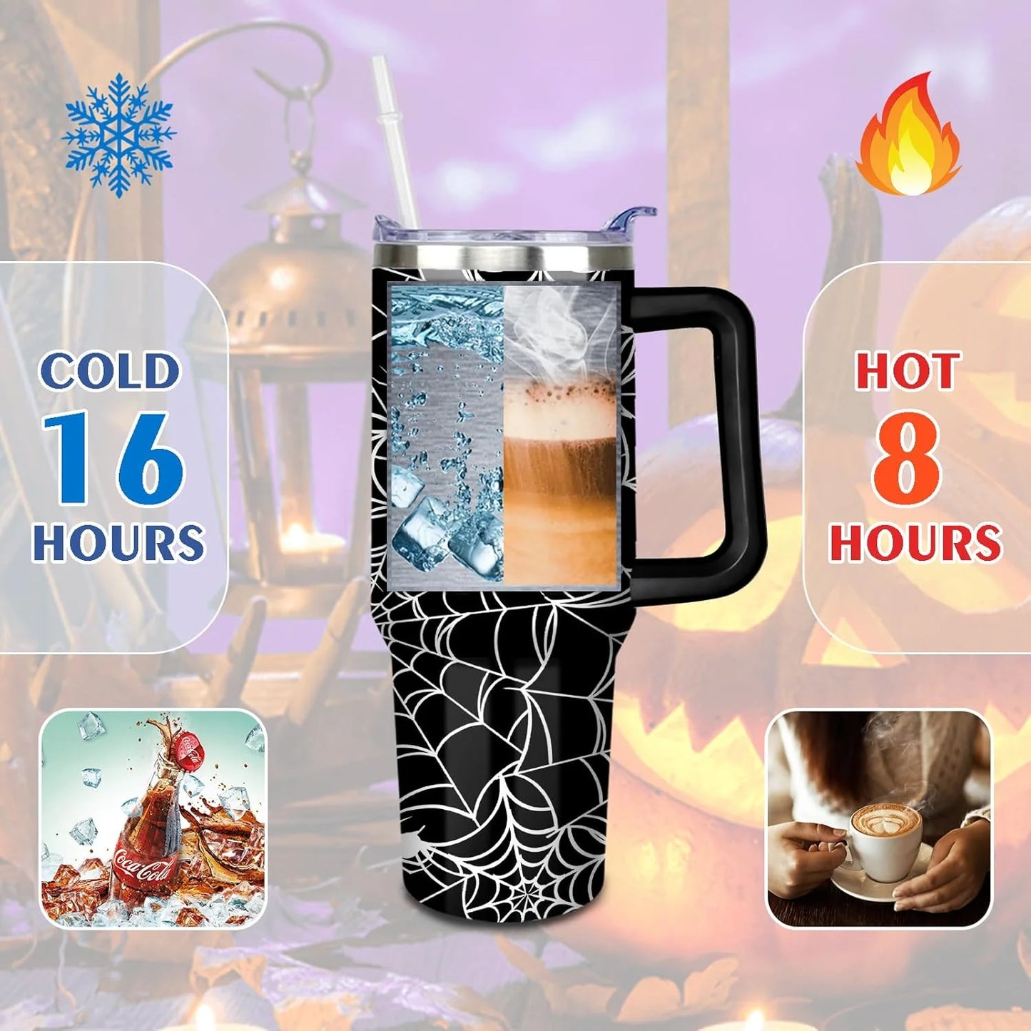 Halloween Tumbler 40 Oz Halloween Tumblers with Handle and Straw Spider Web Stainless Steel Insulated Coffee Cups Mugs Halloween Gifts Stuff for Women Girls