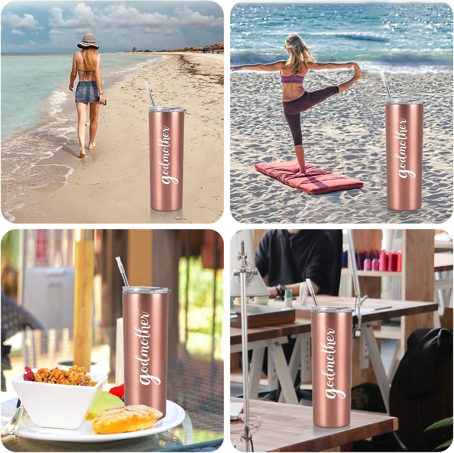 Godmother Stainless Steel Skinny Tumbler, Mother'S Day Insulated Travel Tumbler, 20Oz Water Tumbler with Lid and Straw, Godmother Gift for Mother'S Day, Birthday, Christmas, Baptism, Rose Gold