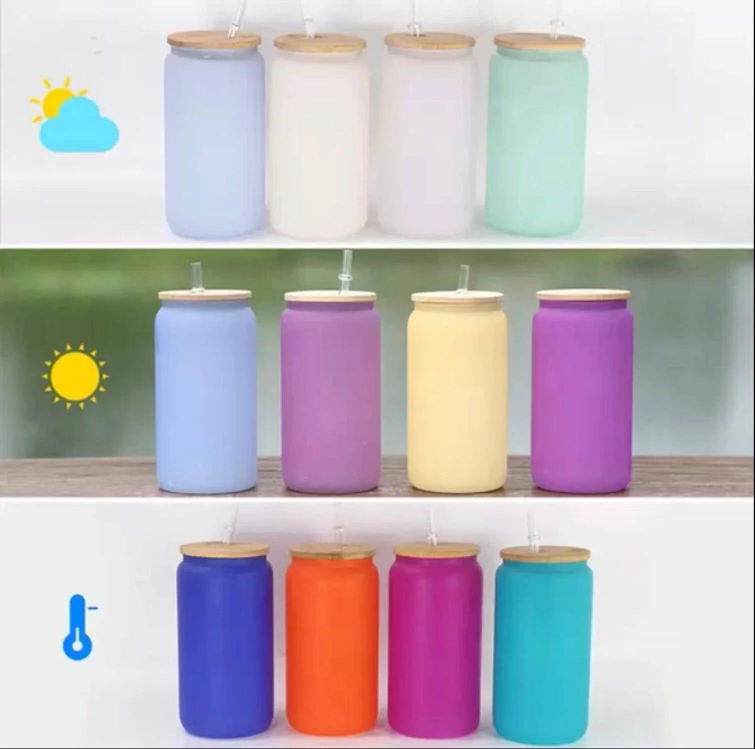 16Oz Blank Sublimation Color Changing Glass Jar Cans Tumblers (Includes Bamboo Lid Straw)