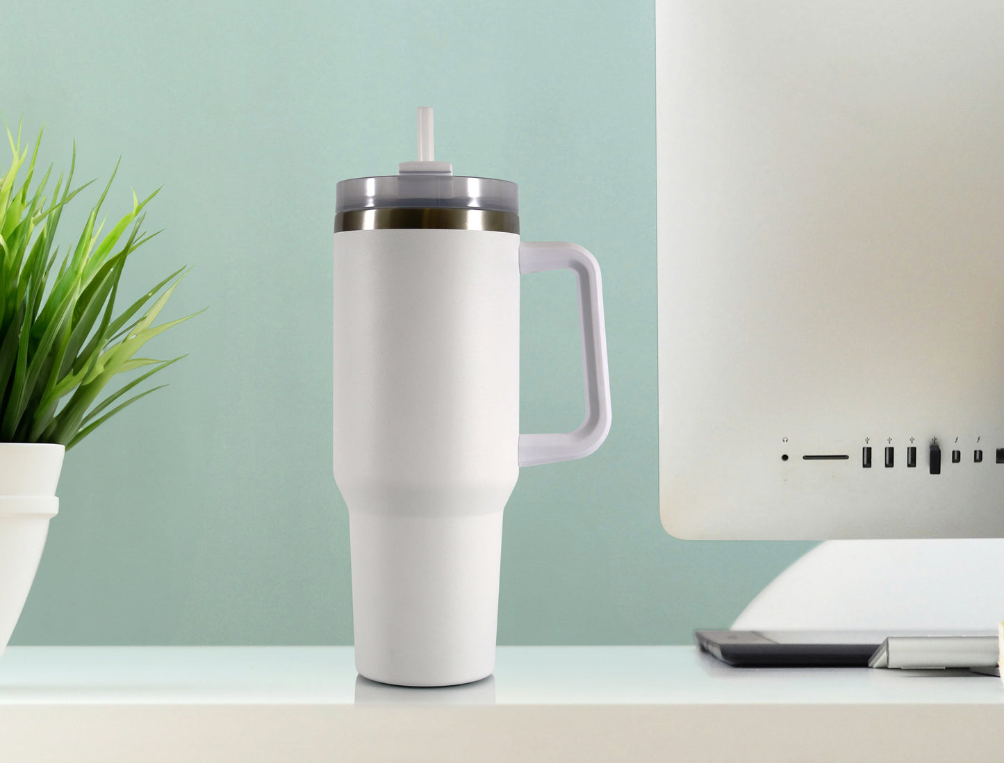 40 Oz Stainless Steel Tumbler with Straw and Handle, Double Wall Insulated, White