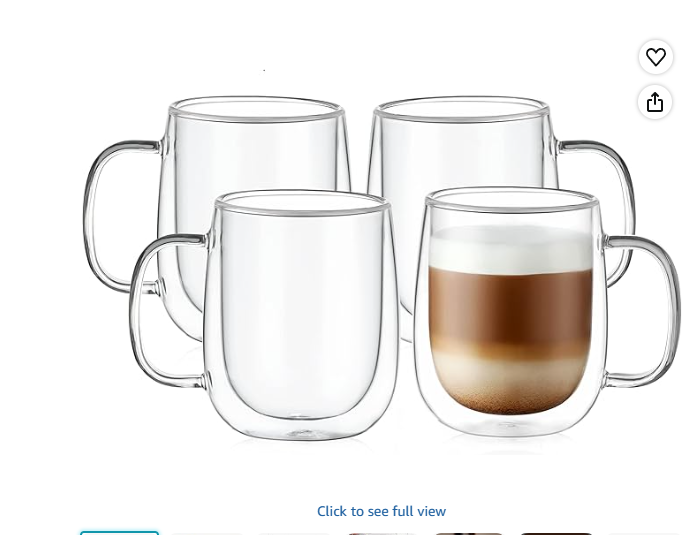 CNGLASS Large Double Wall Glass Coffee Mug 15.2oz, Clear Insulated Glass Espresso Cup with Handle, Set of 4