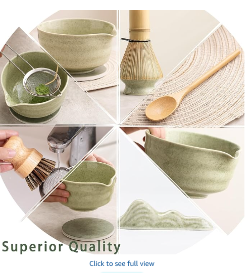 Japanese Matcha Ceremony Set 9 Pcs - Ceramic Bowl with Spout, Bamboo Whisk & Holder, Sifter, Scoop, Spoon, Tea Brush, Absorbent Coaster & Scoop Holder