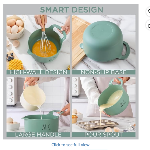 Rae Dunn Non-Slip Mixing Bowls - 4 Piece Nesting Plastic Mixing Bowl Set with Pour Spouts and Handles, Measurement Markings (Sage)