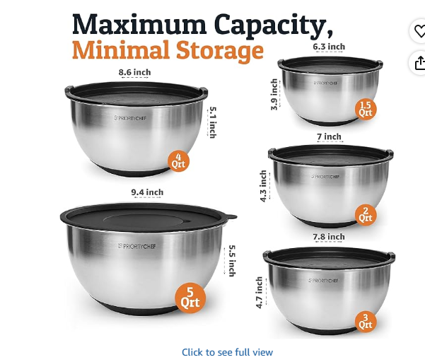 Priority Chef Stainless Steel Mixing Bowls with Lids Set, 3 Grater Attachments, Airtight Lids, Non-Slip Silicone Base, Large Prep Metal Mixing Bowls for Kitchen, Black (5-Piece)