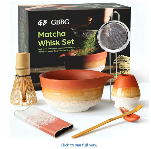 Matcha Whisk Set, Ceramic Matcha Kit Desert Style, Matcha Whisk and Bowl, Bamboo Scoop and Rest, Sifter and Tea Towel, 7 Pcs Gifts for Matcha Lover (Matte Soil)