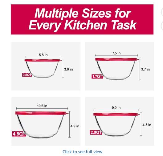 KOMUEE 4 Pack Glass Mixing Bowls Set with Lids (4.8QT, 2.9QT, 1.7QT, 0.8QT), Glass Nesting Bowls for Kitchen, Baking, Cooking and Serving, Oven, Dishwasher, Freezer, and Microwave Safe, Red