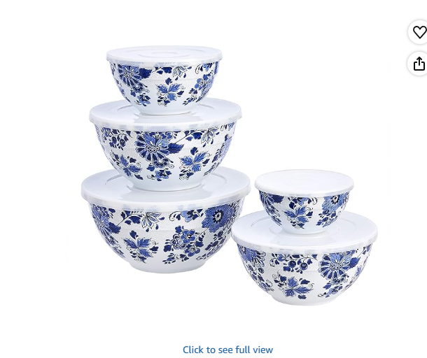 Amazon Basics Mixing Bowls with Lids, Nesting Melamine Serving Bowls, Non-Slip Base, BPA Free, Dishwasher Safe, 5 Sizes, Blue and White Floral, Set of 10