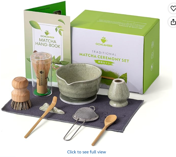 Japanese Matcha Ceremony Set 9 Pcs - Ceramic Bowl with Spout, Bamboo Whisk & Holder, Sifter, Scoop, Spoon, Tea Brush, Absorbent Coaster & Scoop Holder