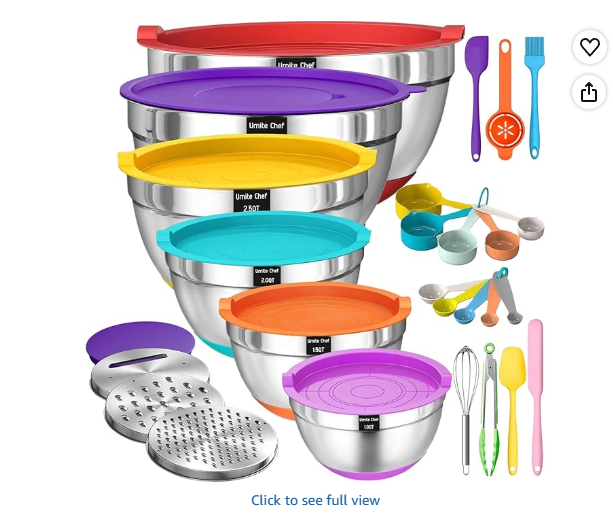 Umite Chef 26PCS Colorful Mixing Bowl Set with Lid, Grater Attachment, Non-Slip Bottom and Kitchen Gadget Set, Sizes 7, 4, 2.5, 2.0, 1.5, 1QT