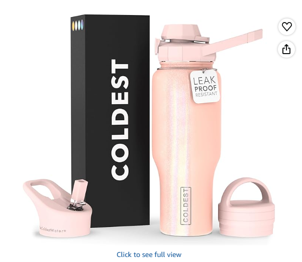 Coldest Sports Water Bottle - 3 in 1 Lids (Chug, Straw, Handle) - Insulated Stainless Steel Tumbler with Handle - Vacuum Water Flask Cup, Valentines Gifts for Him Her (36 oz, Forever Pink Glitter)