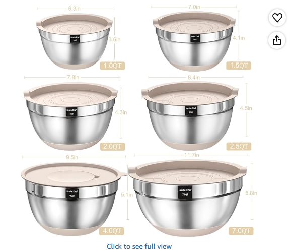 Mixing Bowls with Airtight Lids Set, 26PCS Stainless Steel Khaki Bowls with Grater Attachments, Non-Slip Bottoms & Kitchen Gadgets Set, Size 7, 4, 2.5, 2.0, 1.5, 1QT, Great for Mixing & Serving