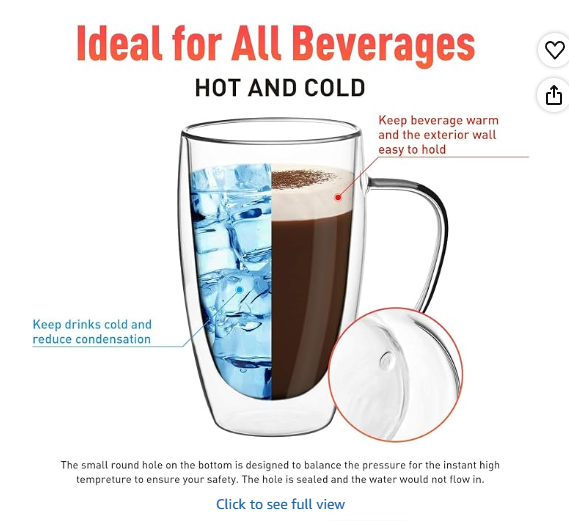 COLOCUP Espresso Cups Set of 2 15 Oz, Double Walled Glass Coffee Mugs with Handle, Insulated Clear Borosilicate Glass Mugs for Cappuccino, Tea, Latte, Espresso, Hot Beverage, Wine