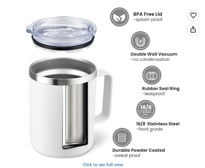 MEWAY 12oz Coffee Mug With Handle 4 Pack, Stainless Steel Insulated Travel Tumblers With Sliding Lid, Double Wall Vacuum Camping Cup for Hot & Cold Drinks Tea (White, Set of 4)