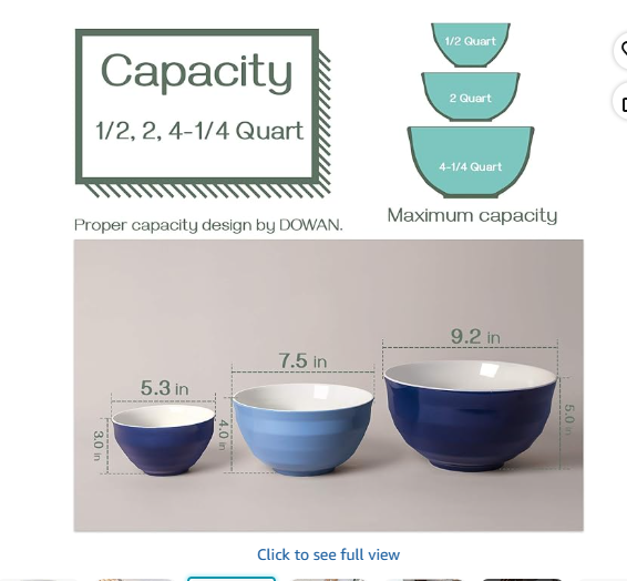 DOWAN Mixing Bowls, 4.25/2/0.5 Qt Ceramic Mixing Bowls for Kitchen, Large Salad Serving Bowls, Nesting Mixing Bowls Set, Microwave Safe, Blue