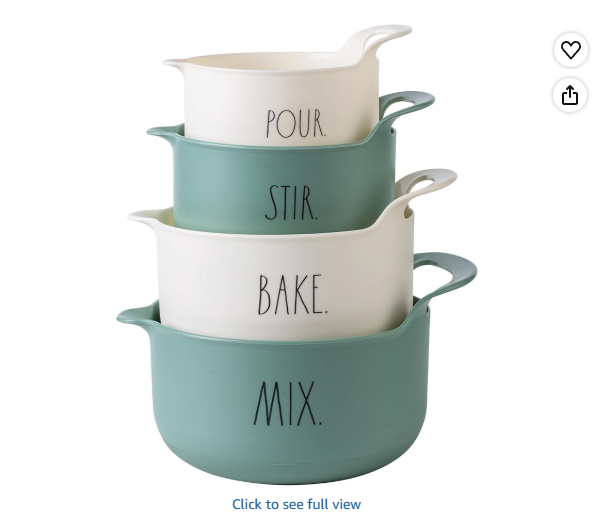 Rae Dunn Non-Slip Mixing Bowls - 4 Piece Nesting Plastic Mixing Bowl Set with Pour Spouts and Handles, Measurement Markings (Sage)