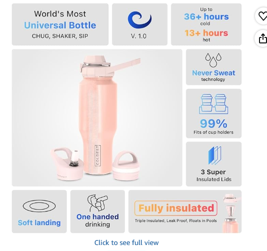 Coldest Sports Water Bottle - 3 in 1 Lids (Chug, Straw, Handle) - Insulated Stainless Steel Tumbler with Handle - Vacuum Water Flask Cup, Valentines Gifts for Him Her (36 oz, Forever Pink Glitter)
