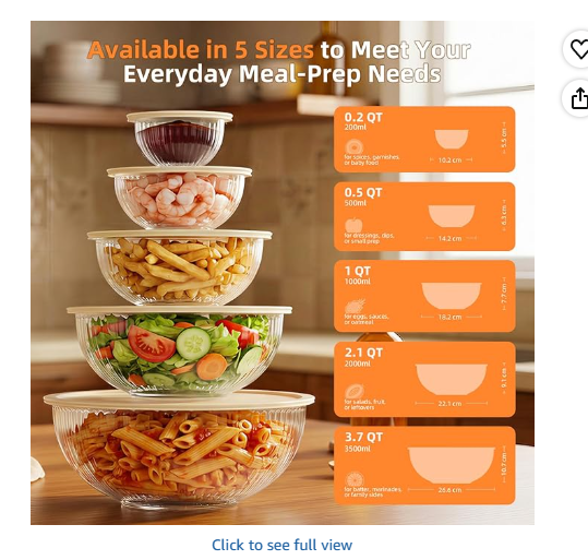 Jelife Glass Mixing Bowls with Lids Set - 5 Packs, Borosilicate Nesting Glass Bowls (3.7-2.1-1-0.5-0.2QT) for Baking, Salad, Meal Prep, Serving, Food Storage, BPA Free & Dishwasher Safe