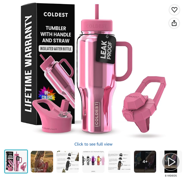 Coldest Tumbler with Handle and Straw, 100% Leak Proof Insulated Tumbler with Lid and Straw (3 Lids), Stainless Steel Tumblers for Women & Men, Cup Holder Friendly, 36 oz (Pink Reflections)