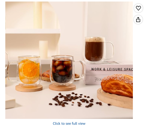 CNGLASS Large Double Wall Glass Coffee Mug 15.2oz, Clear Insulated Glass Espresso Cup with Handle, Set of 4