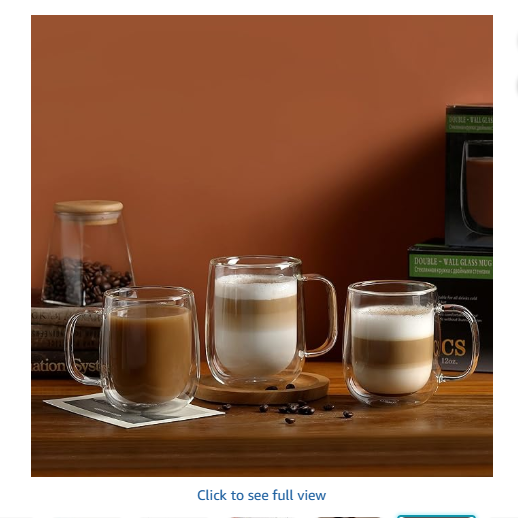 CNGLASS Large Double Wall Glass Coffee Mug 15.2oz, Clear Insulated Glass Espresso Cup with Handle, Set of 4