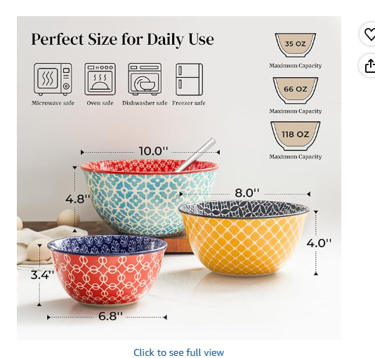 DOWAN Ceramic Mixing Bowls for Kitchen, Colorful Vibrant Nesting Bowls for Cooking, Baking, Prepping, Serving, Salad, Housewarming Gift, Microwave Dishwasher Safe, 3.7/2/1 Qt, Set of 3
