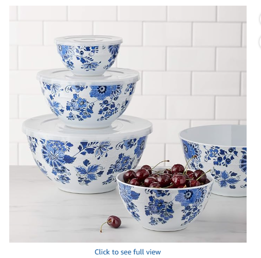 Amazon Basics Mixing Bowls with Lids, Nesting Melamine Serving Bowls, Non-Slip Base, BPA Free, Dishwasher Safe, 5 Sizes, Blue and White Floral, Set of 10